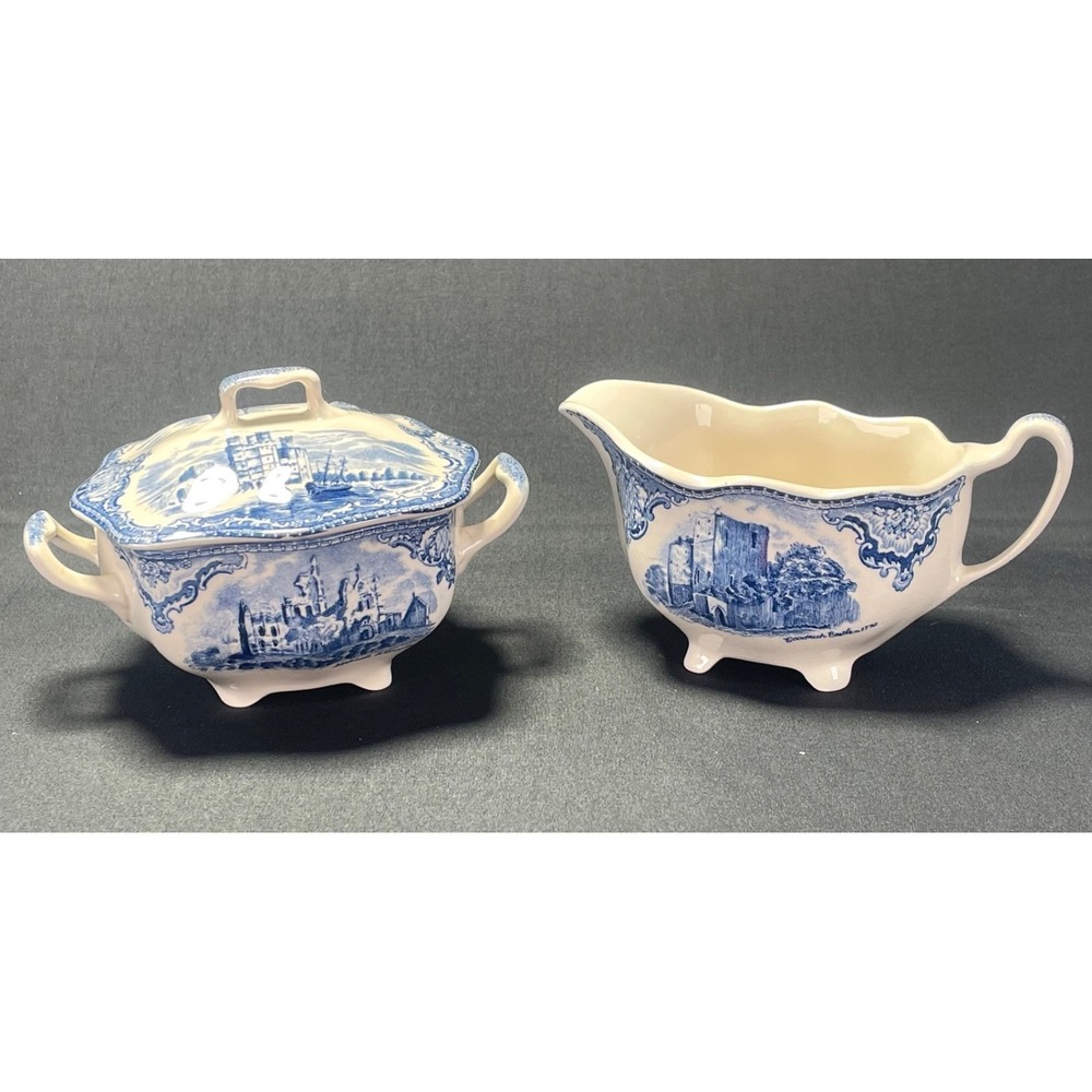 Johnson Brothers Old Britain Castles Blue England Sugar Bowl Creamer Set Vintage
